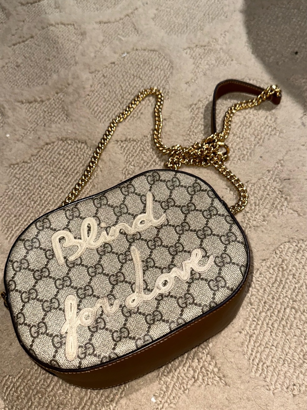 Gucci Beige Monogram "Blind for Love" Crossbody with Brown Trim & Gold Chain